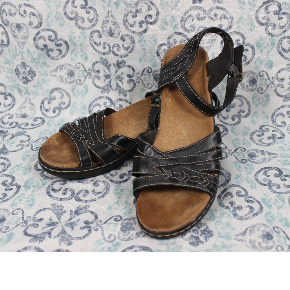 Clarks Bendables Black Leather Strappy‎ Buckle Sandals 65127 Womens 10M